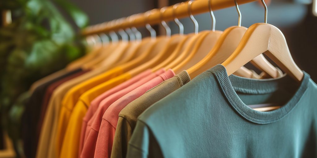 Camisetas de várias cores penduradas em cabides de madeira, representando controle de cor e padronização em tingimento têxtil.