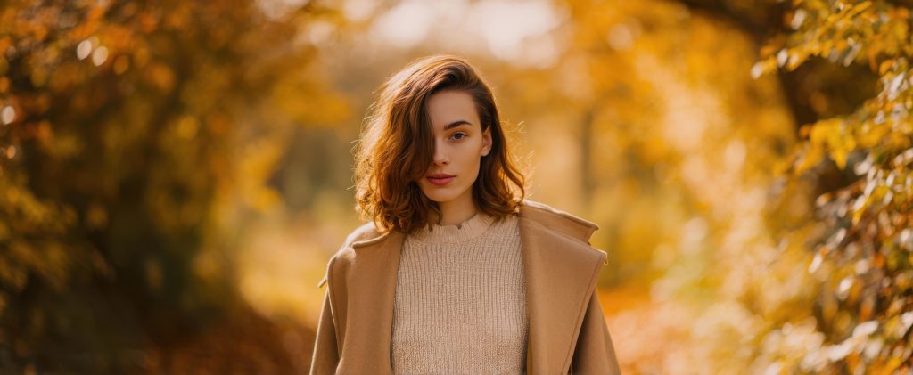 Mulher caminhando em paisagem de outono com tons dourados e casaco bege, representando a paleta outonal.