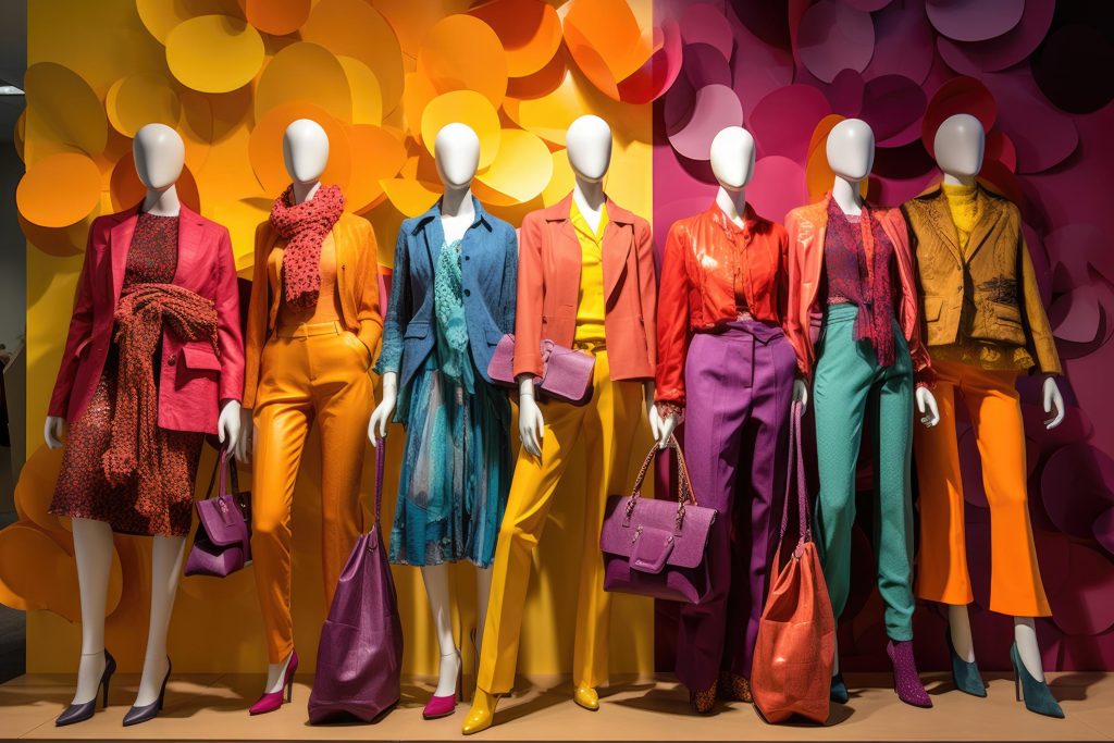 Manequins vestidos com looks coloridos em vitrine de moda, representando o papel das cores no posicionamento de marca.