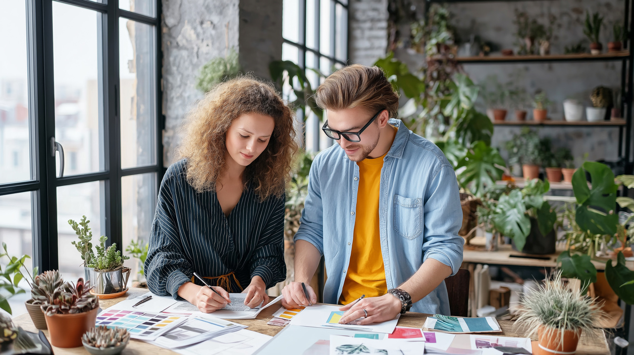 Equipe discutindo cartela de cores e croquis em estúdio de moda