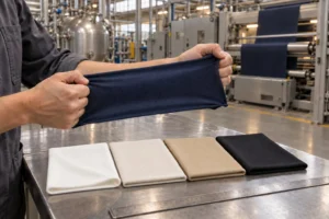 Técnico estica uma malha azul-marinho sobre a bancada, ao lado de quatro amostras de malha dobradas em cores e gramaturas diferentes